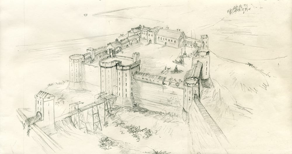 Illustration of Berwick Castle from the east, c. 14th century.